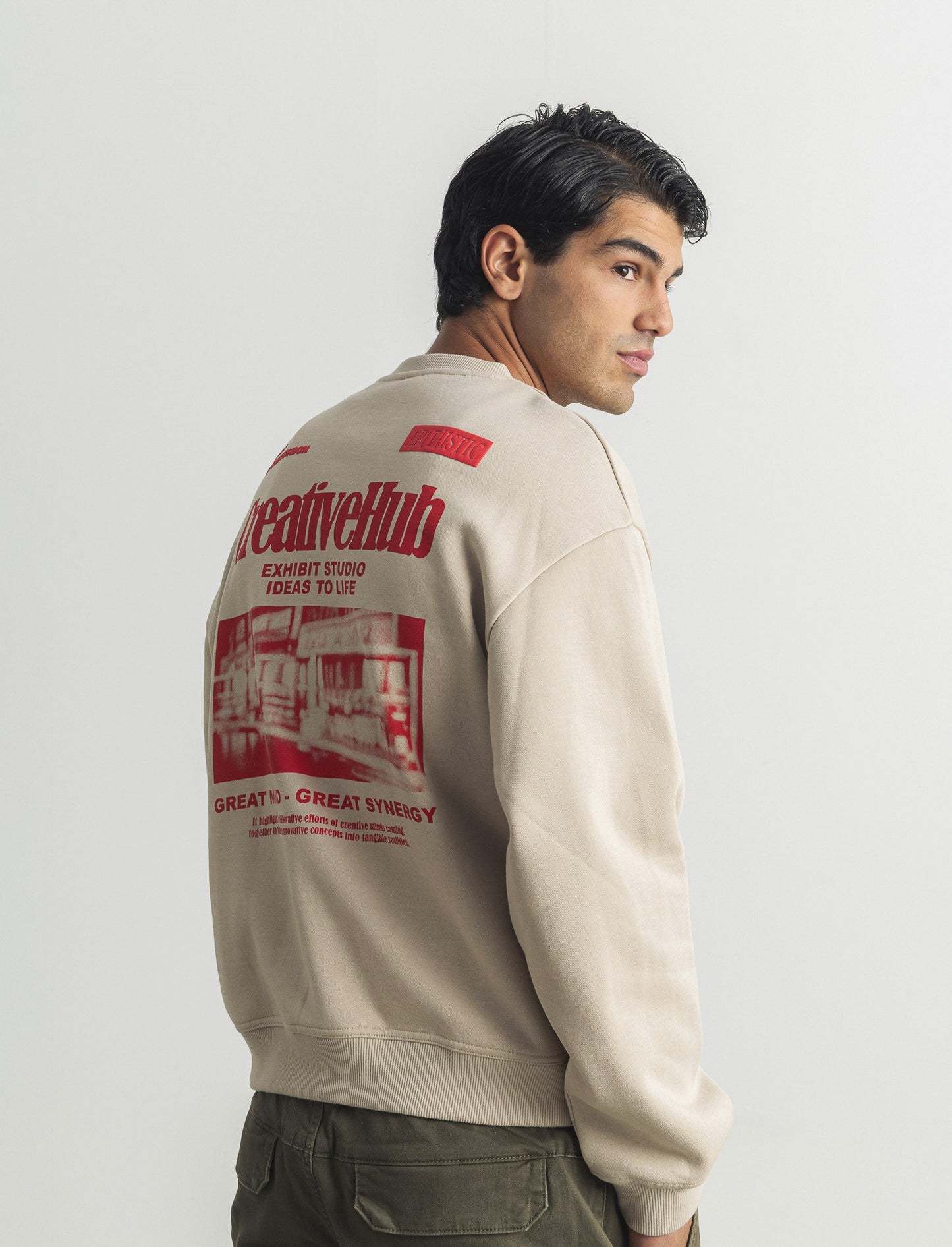 FELPA GIROCOLLO BOXY FIT CON STAMPA - Beige