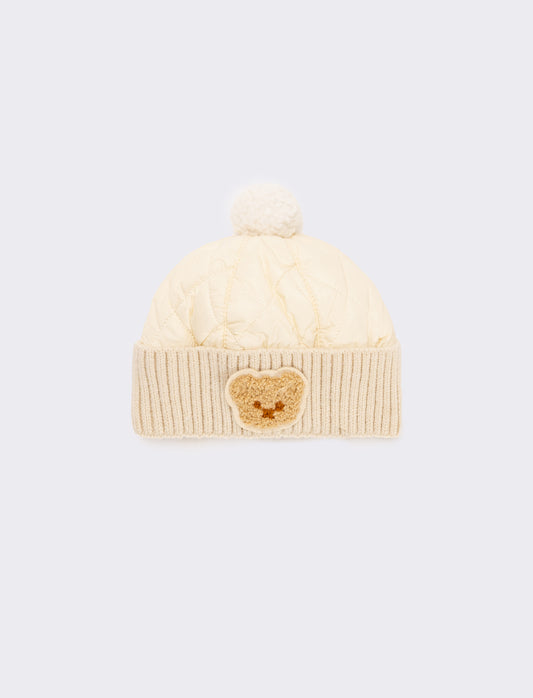 Cappello neonato con pon pon trapuntato - Bianco panna