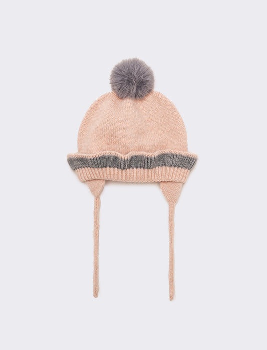 Cappello neonata con pon pon e laccetti - Rosa