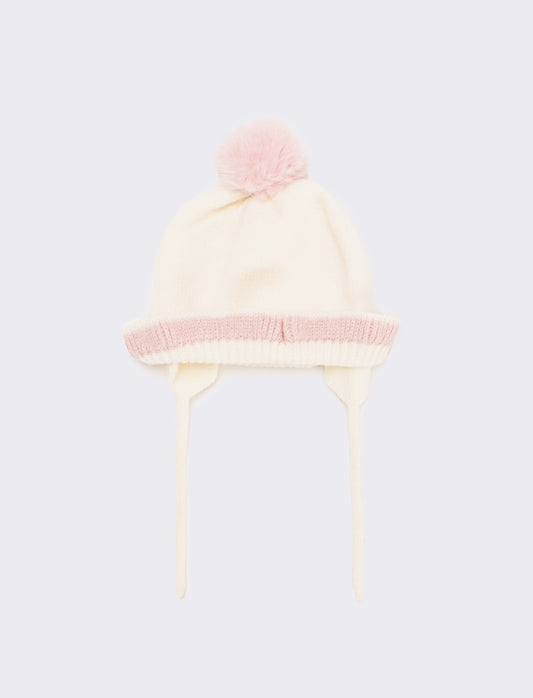 Cappello neonata con pon pon e laccetti - Bianco sporco