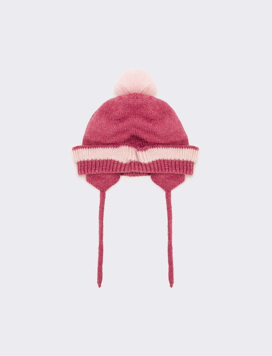 Cappello neonata con pon pon e laccetti - Fuxia