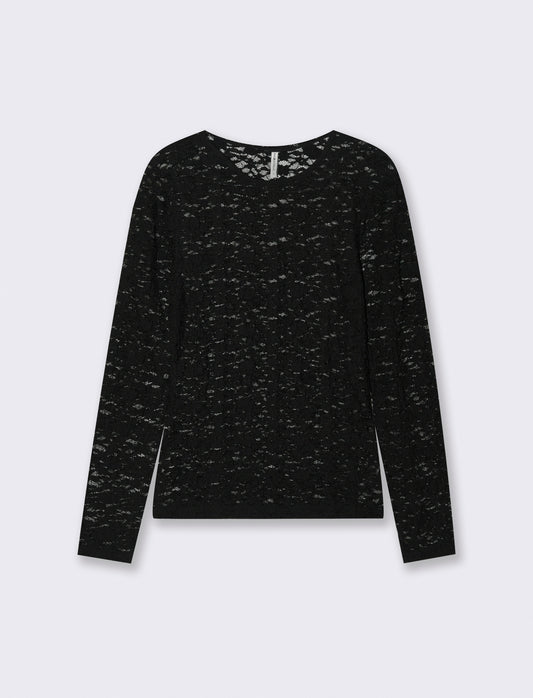 T-Shirt in Pizzo Manica Lunga Giro Collo - Nero