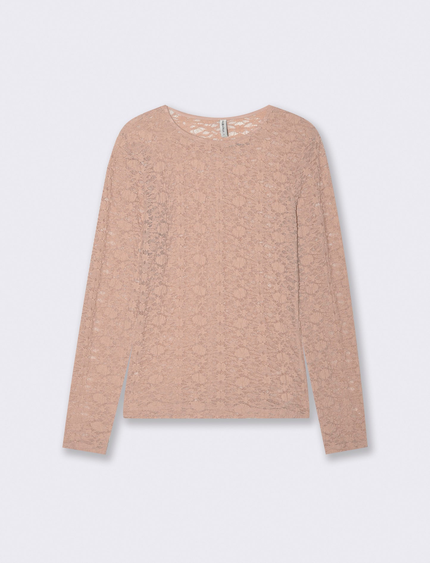 T-Shirt in Pizzo Manica Lunga Giro Collo - Rosa chiaro