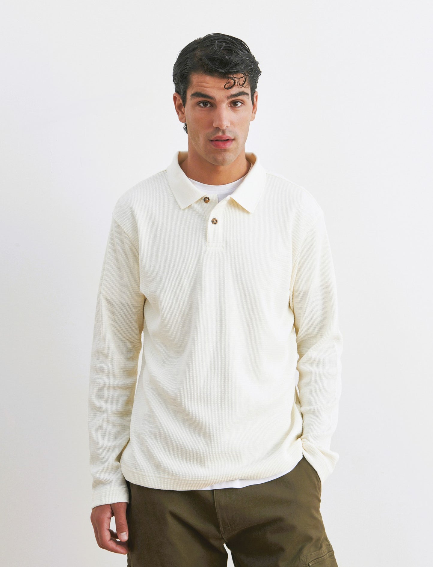 POLO WAFFLE JACQUARD MANICHE LUNGHE - Bianco