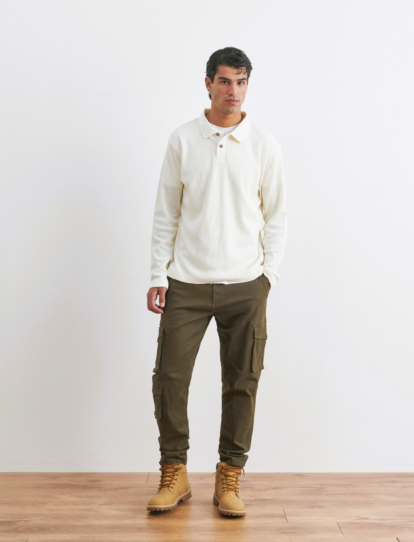 POLO WAFFLE JACQUARD MANICHE LUNGHE - Bianco