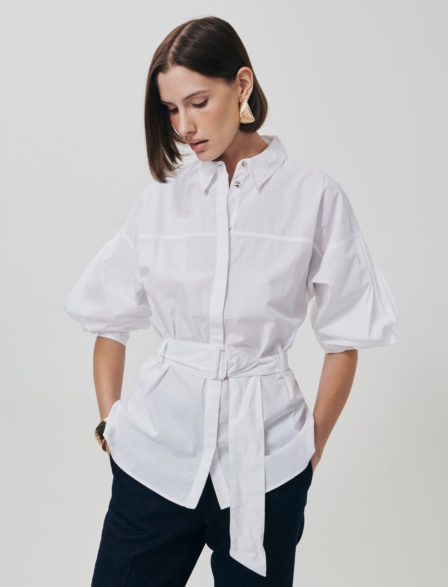 Camicia Manica Lunga con Cintura - Bianco