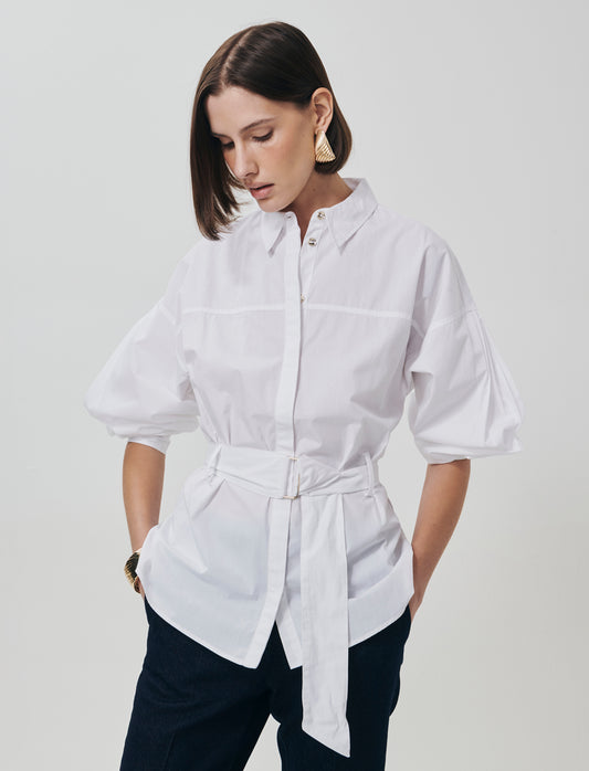 Long Sleeve Shirt with Belt - White