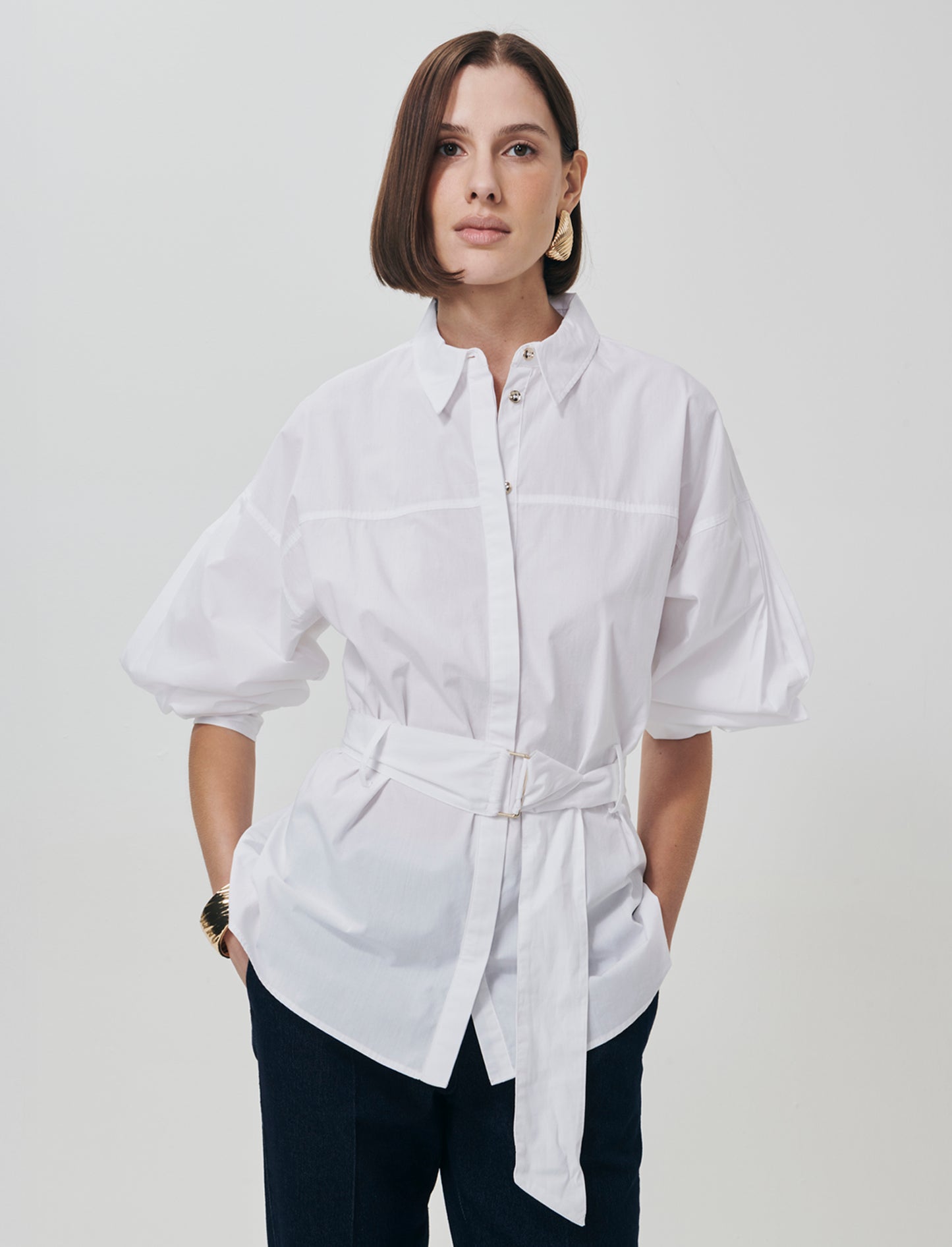 Camicia Manica Lunga con Cintura - Bianco
