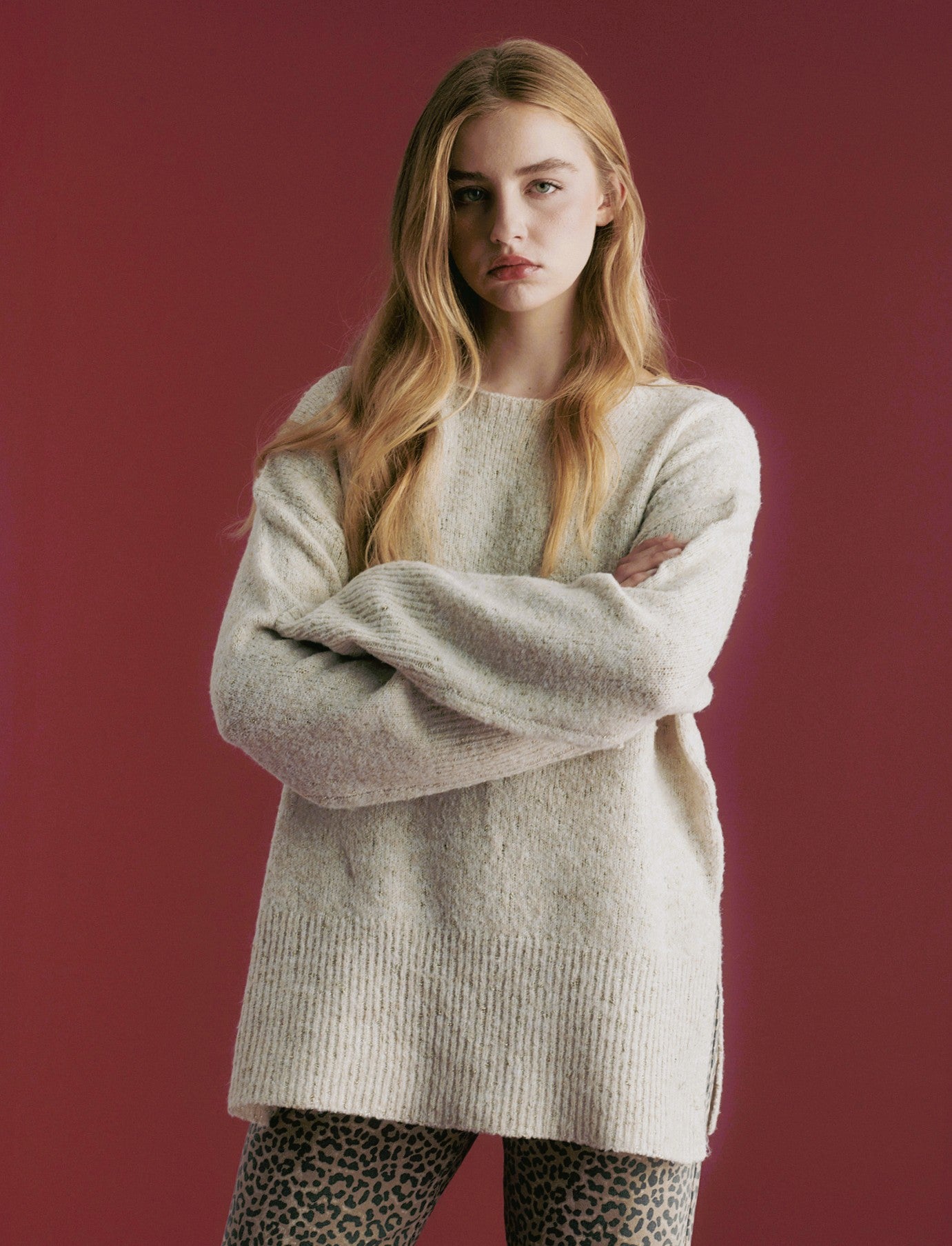 PULLOVER CON TESSUTO CON FIBRA METTALLIZATA - Avorio