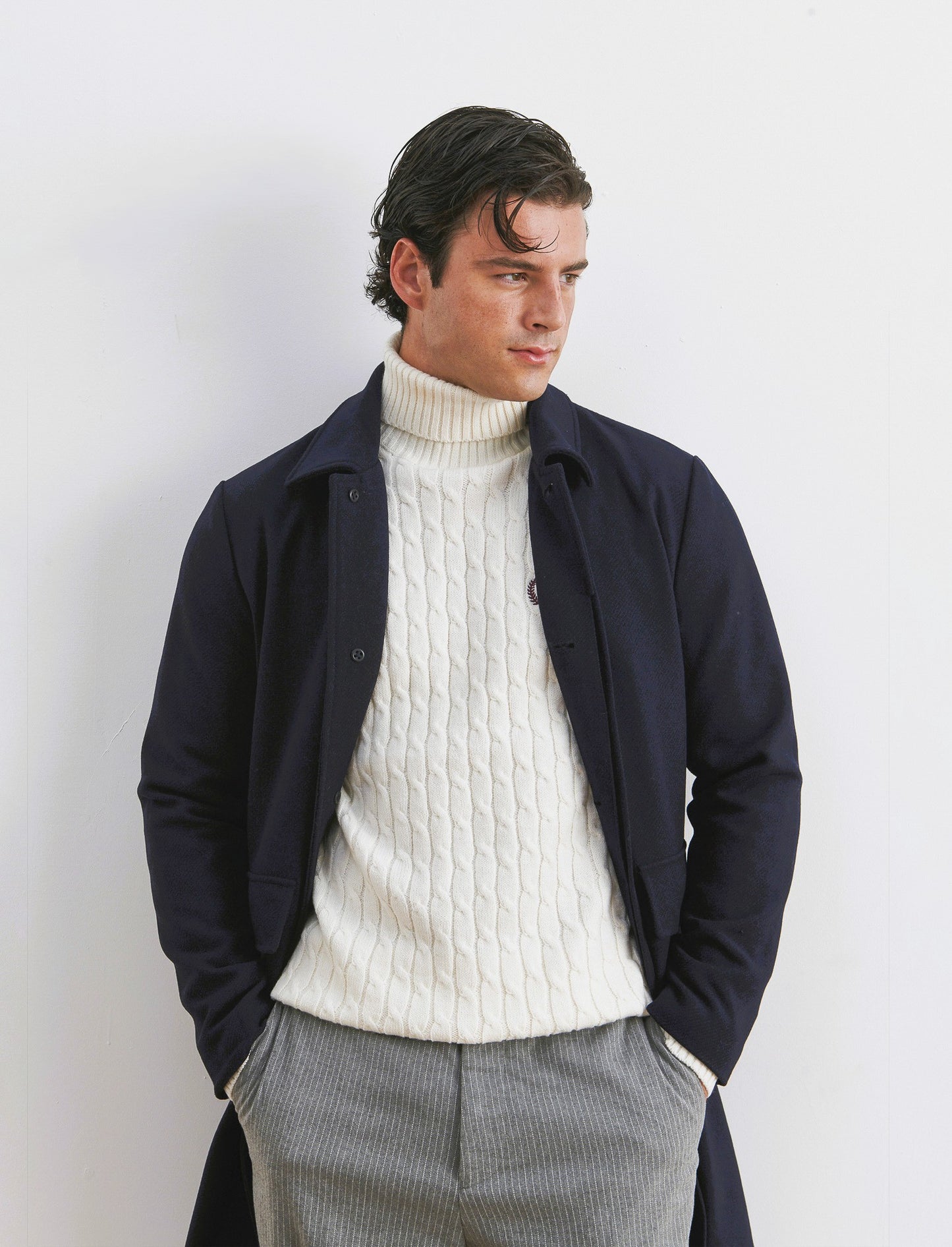 MAGLIA COLLO ALTO A TRECCE - Beige ecru