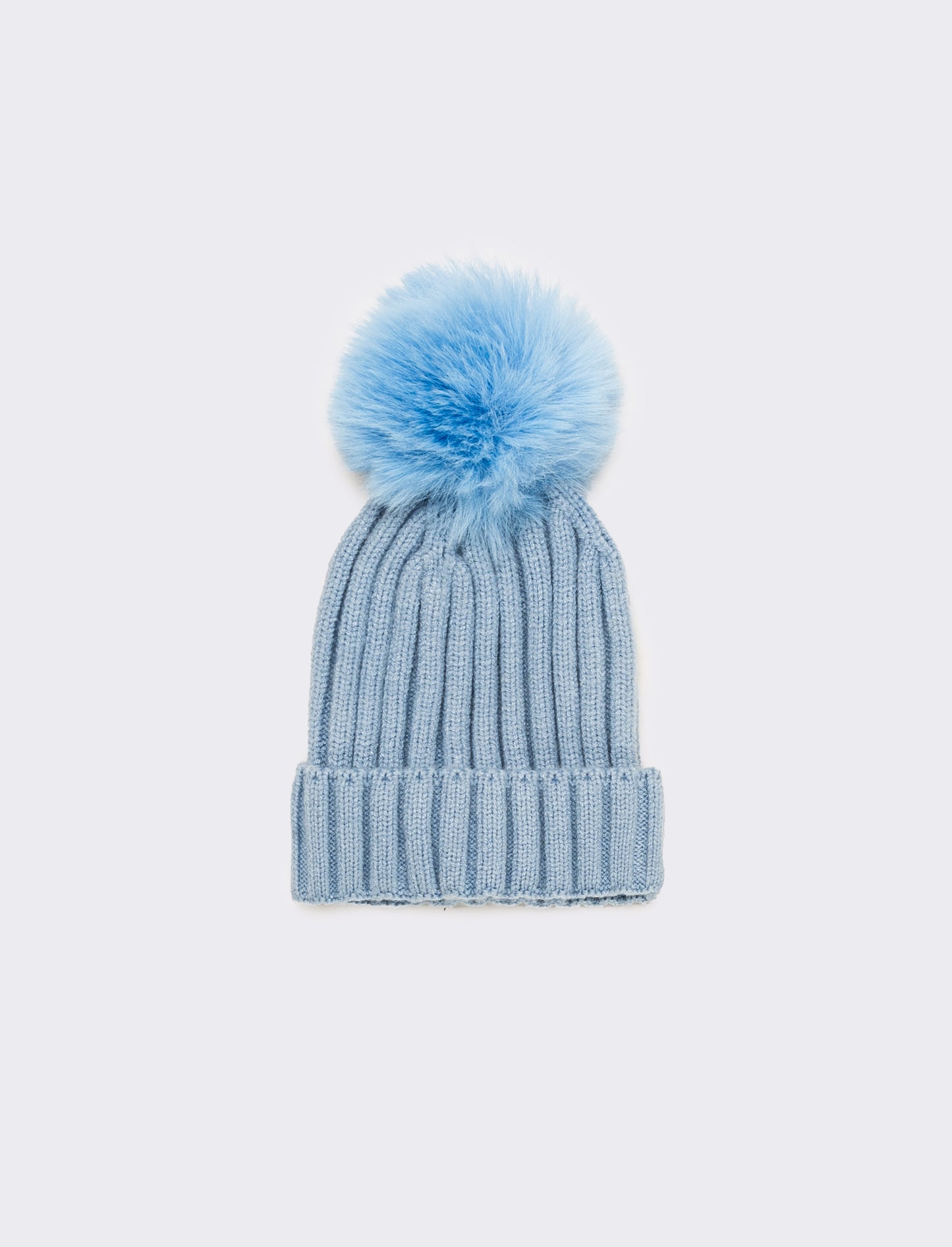 Cuffia neonato con pon pon a coste - Blu chiaro