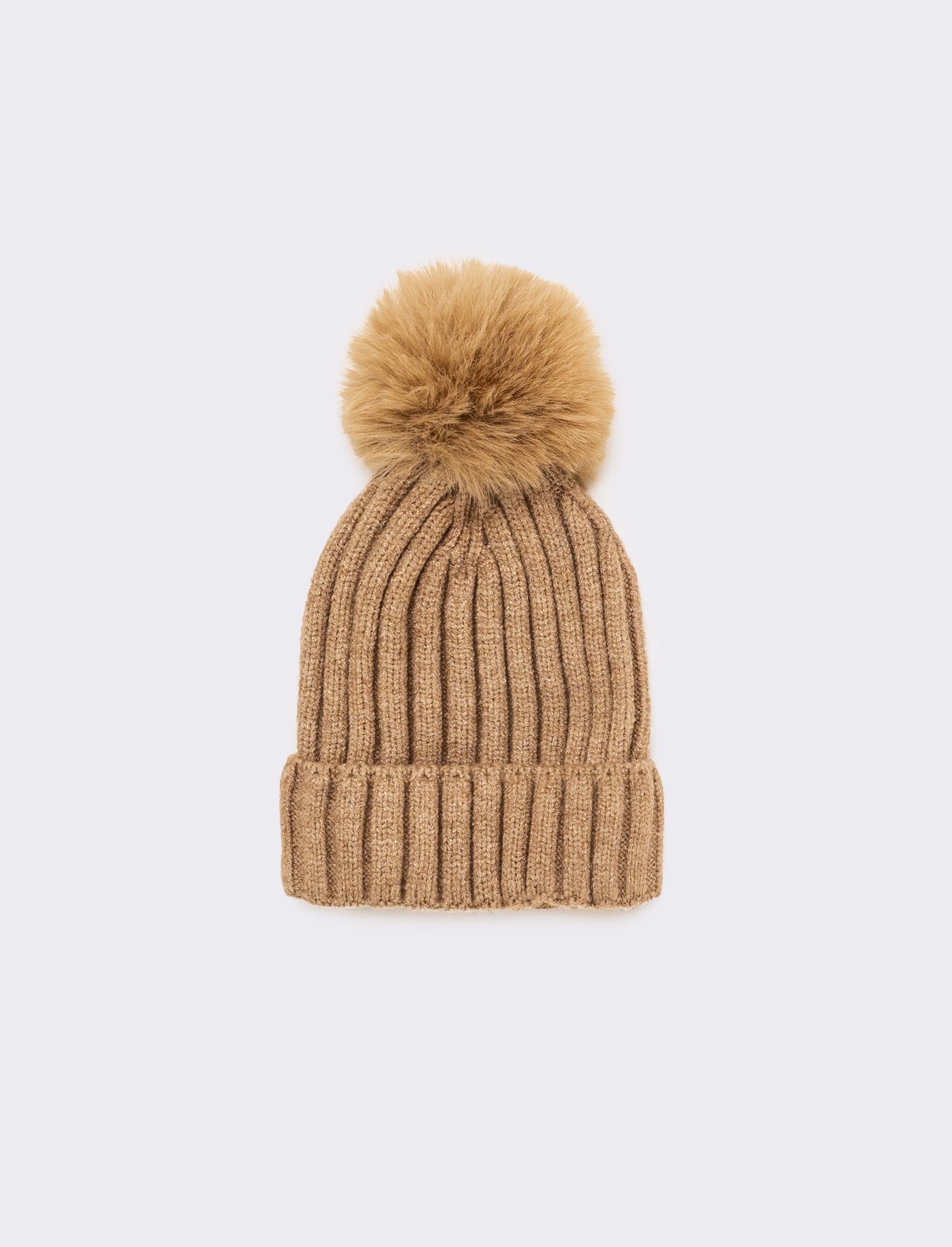 Cuffia neonato con pon pon a coste - Beige