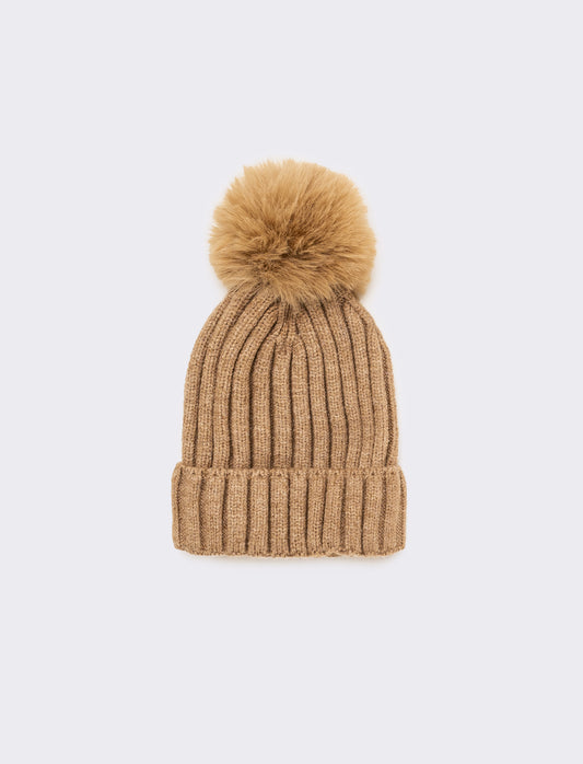 Cuffia neonato con pon pon a coste - Beige