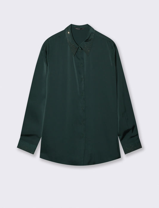 CAMICIA IN SATIN CON STRASS - Verde bosco