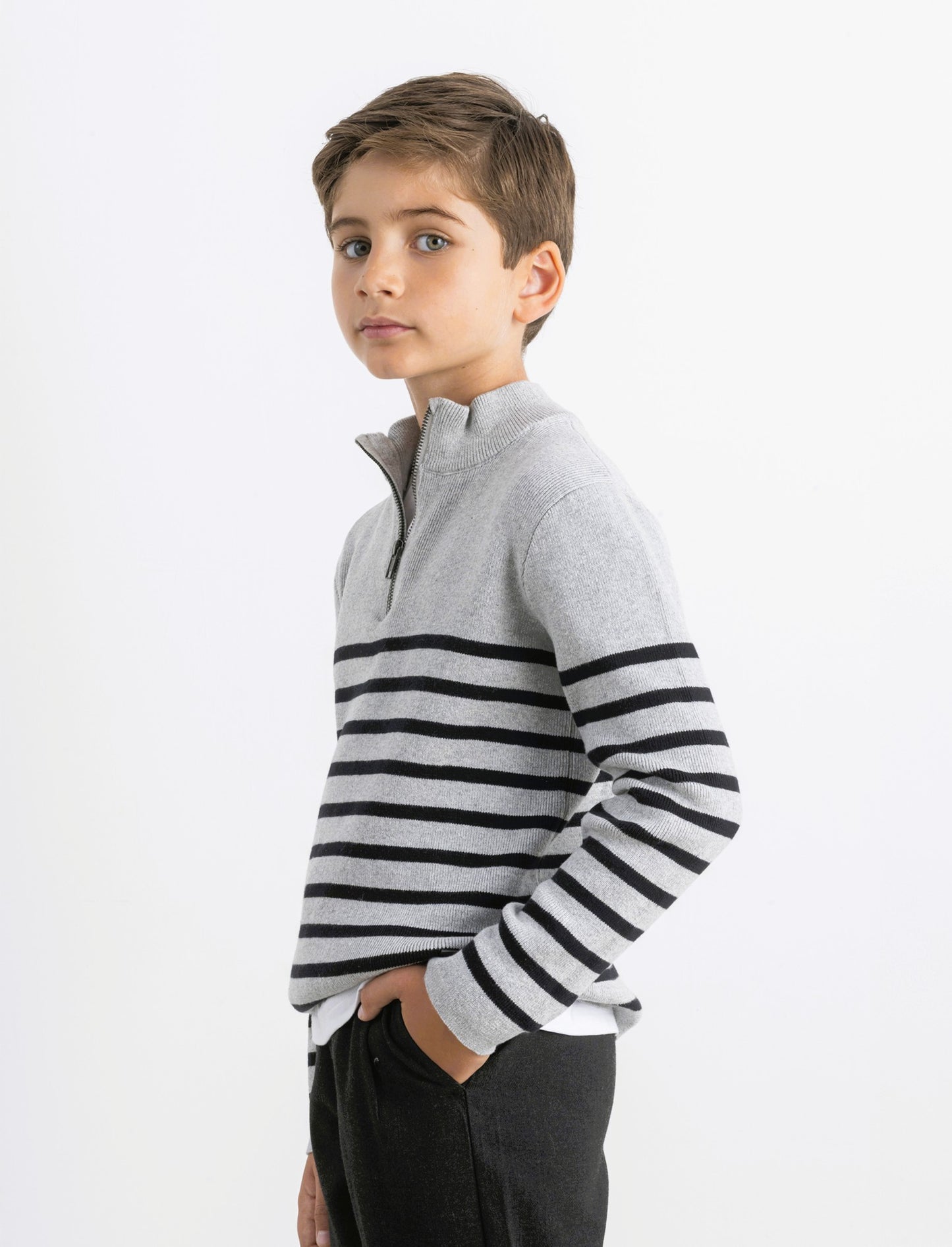 Maglia collo rigato - Grigio mel.