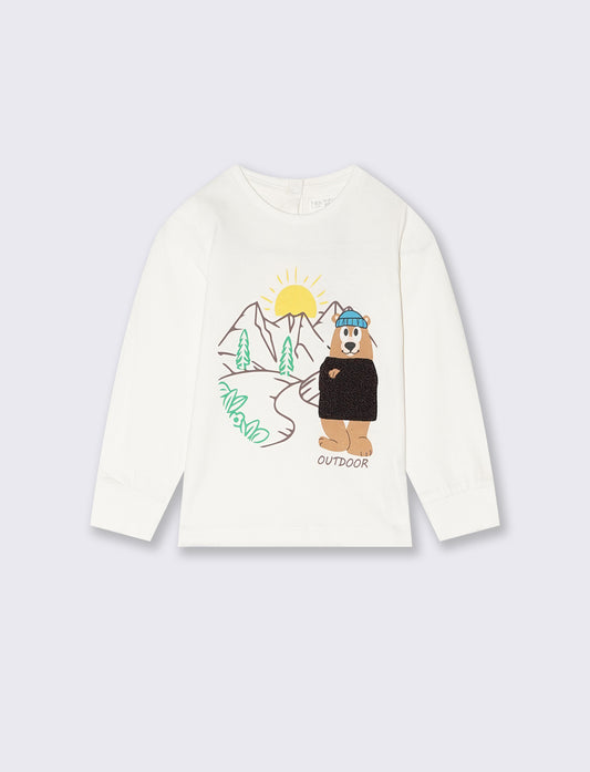 T shirt rigata con orsetto - Bianco latte
