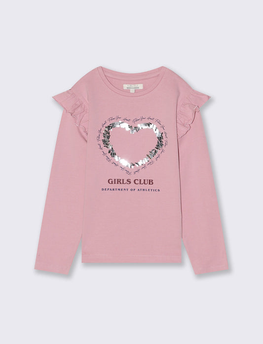 T-shirt da bambina manica lunga con stampa e paillettes. - Rosa