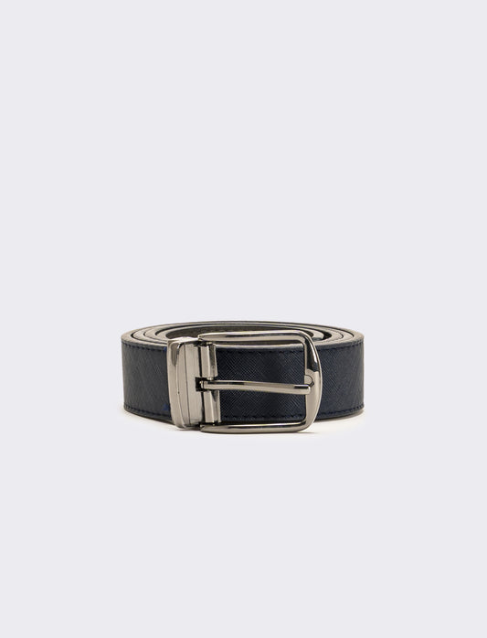 Cintura uomo double face saffiano e liscia - blu-grigio
