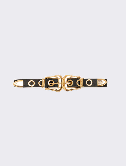 Cintura donna elastica doppia fibbia e occhielli metallo - Nero-oro