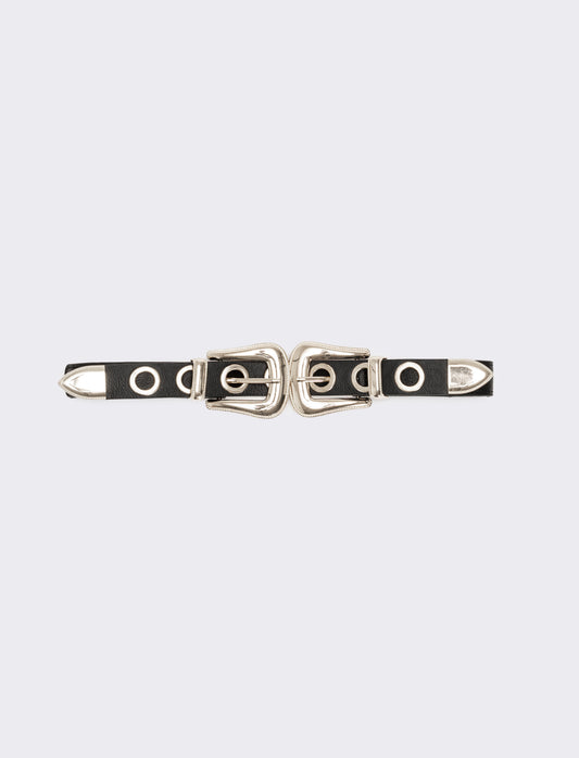 Cintura donna elastica doppia fibbia e occhielli metallo - Nero-argento