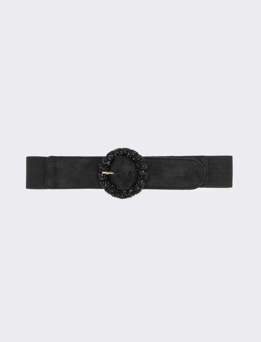 Cintura donna elastica fibbia rotonda con pietre - Nero