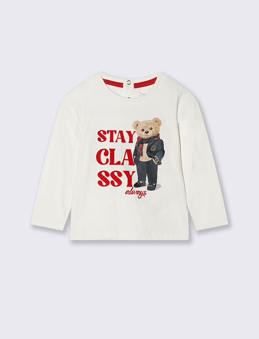 T shirt girocollo con stampa orsetto - Bianco latte