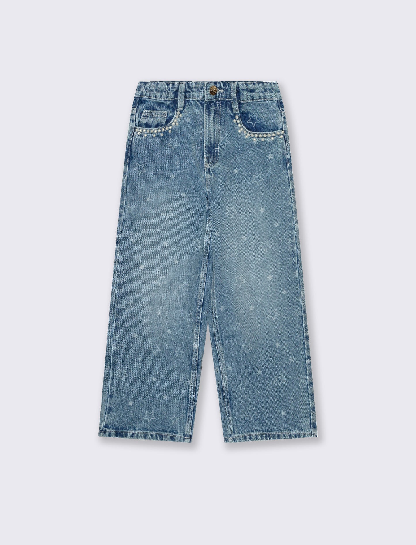 Jeans gamba larga denim chiaro con stampa - Denim