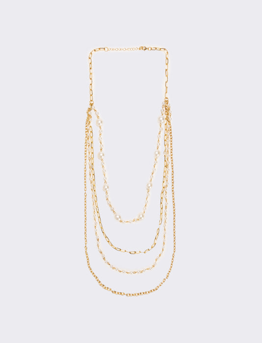 Collana con 4 catene e 2 fili di perle - Oro