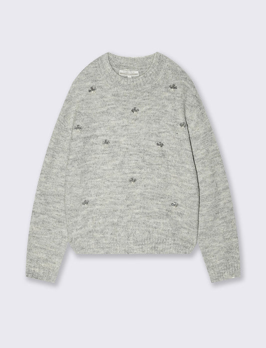 Girls' round neck sweater with stone flowers - Grey
