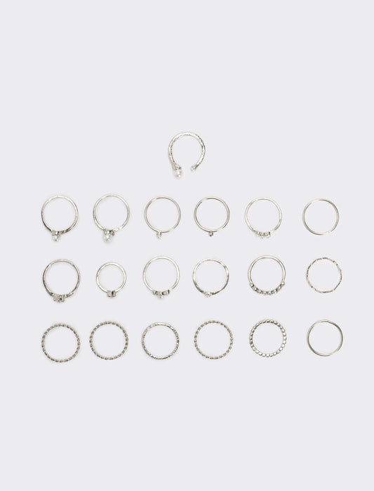 Card anelli donna 19 pezzi con perline - Argento