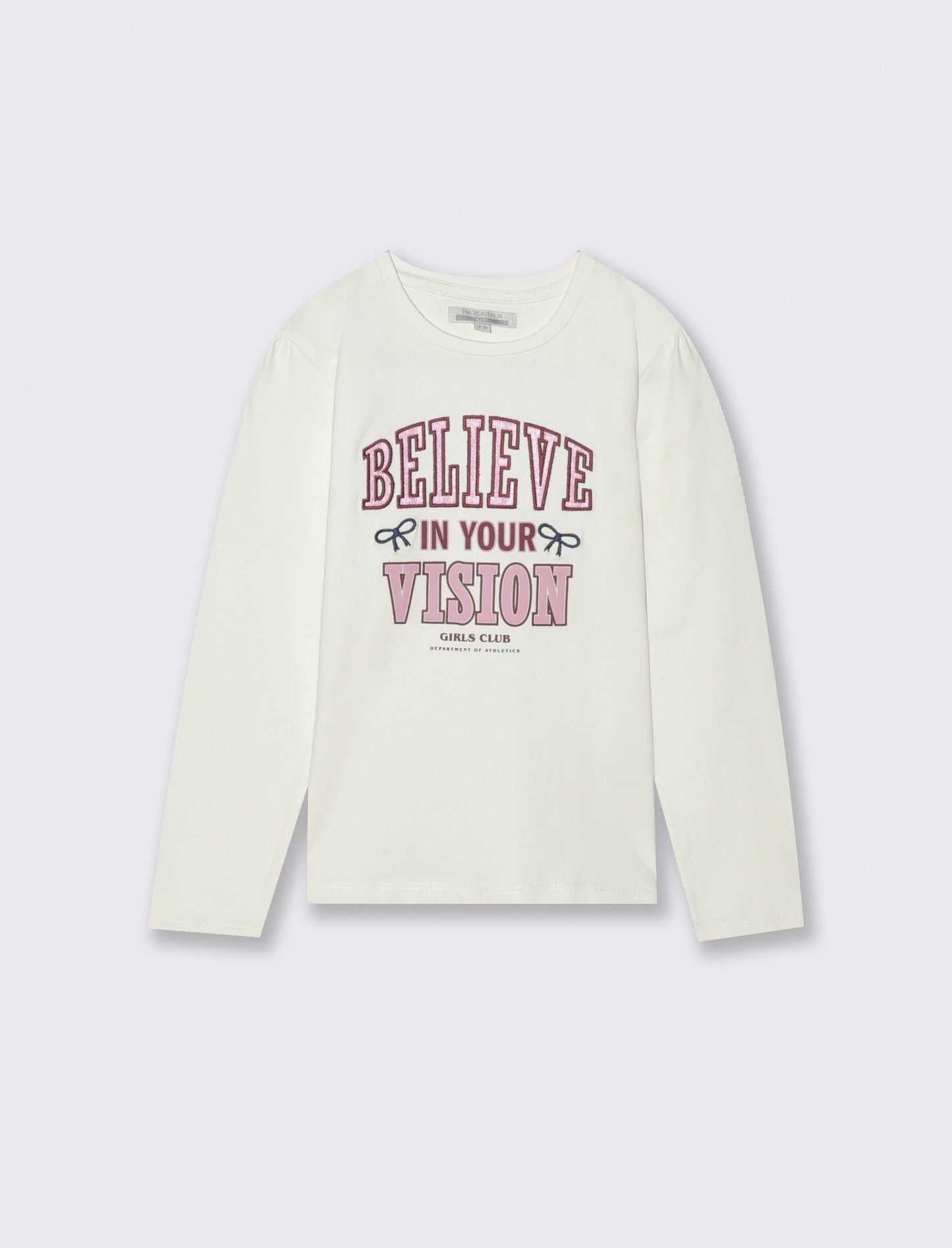 T-shirt manica lunga con stampa e ricamo stile college. - Bianco latte