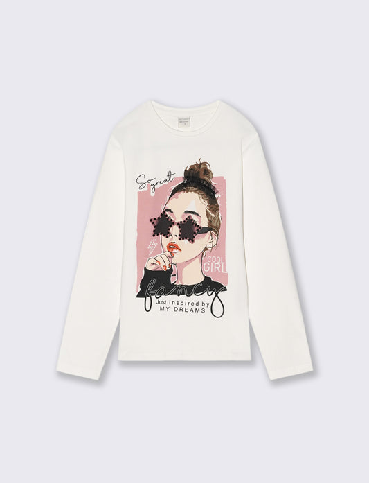 Maglia manica lunga in cotone elastico. - Bianco latte
