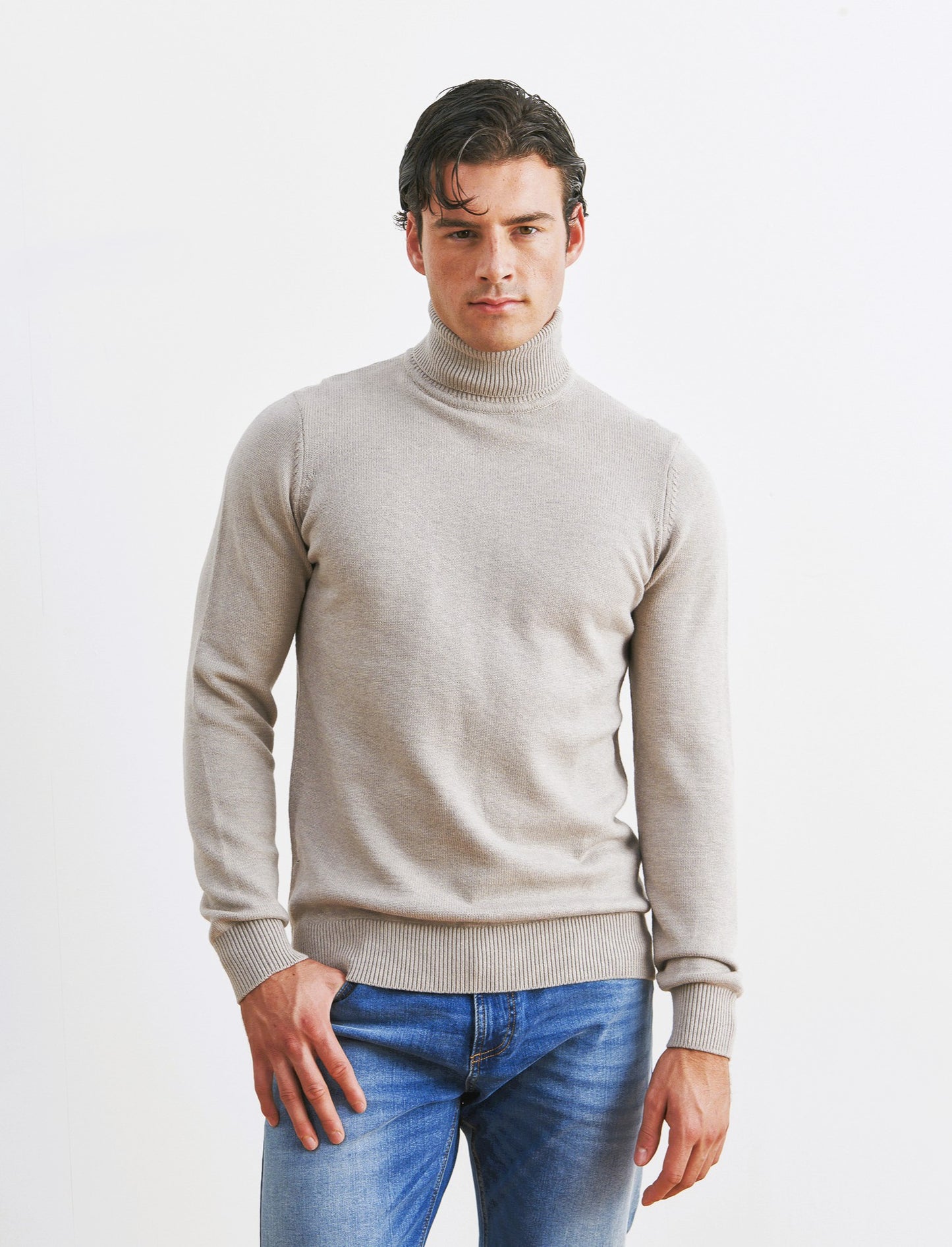MAGLIA COLLO ALTO FILATO PREMIUM - Tortora melange
