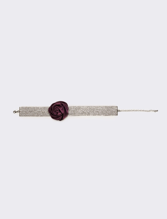 Collana chocker con strass e rosa in tessuto - Viola