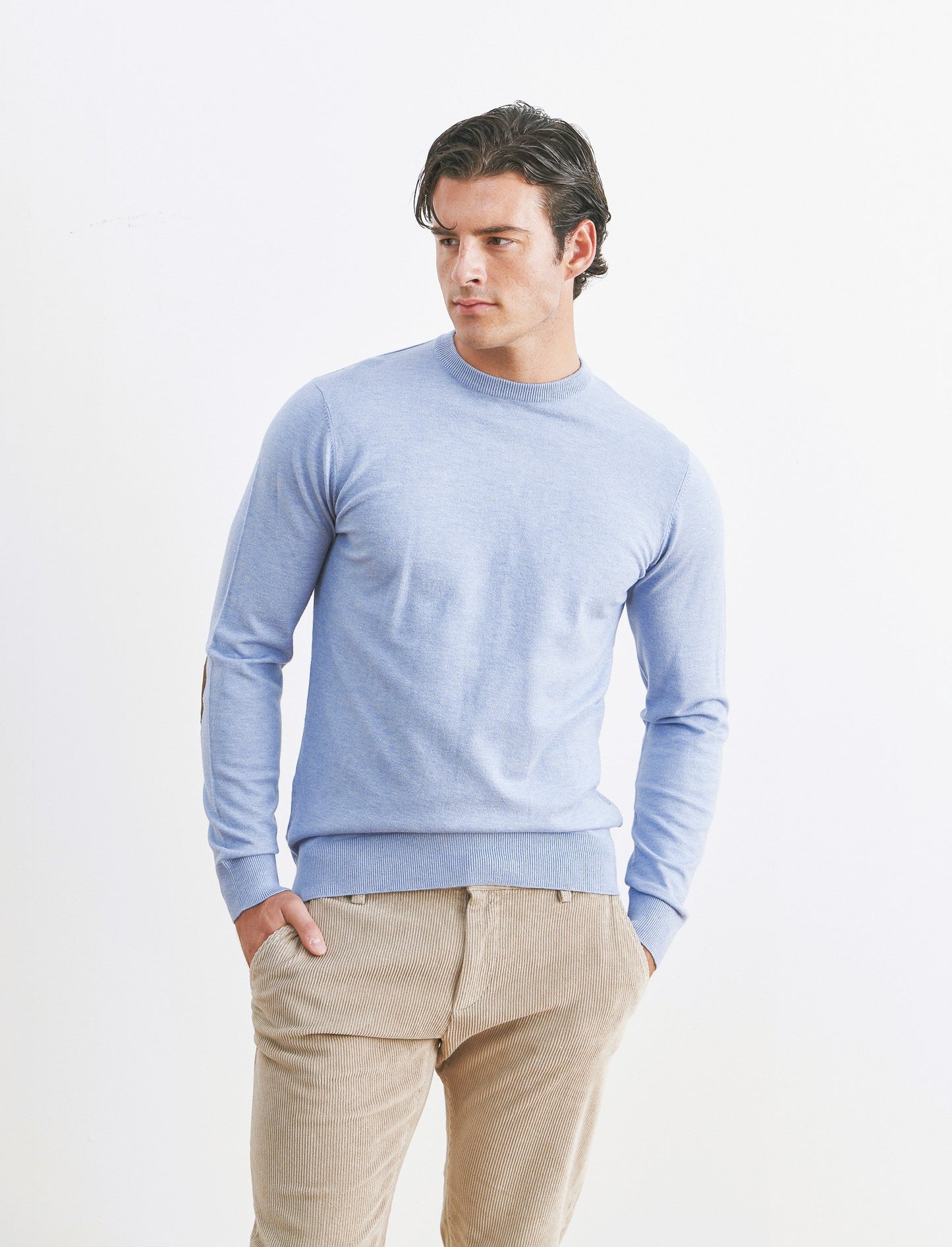 MAGLIA GIROCOLLO PREMIUM CON TOPPE GOMITO - Celeste melange