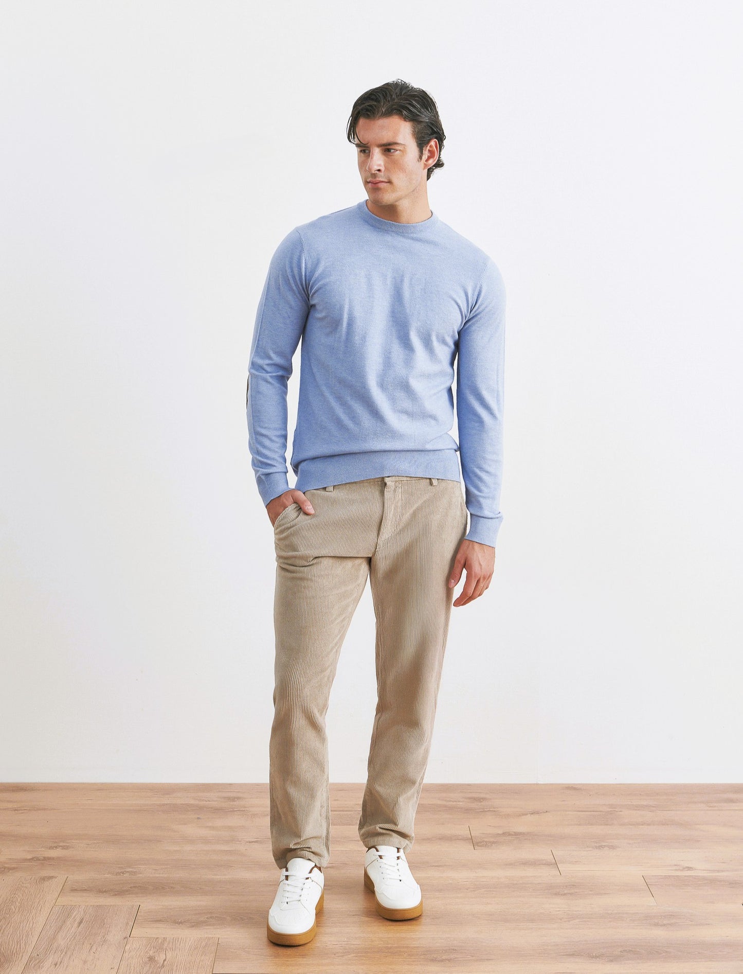 MAGLIA GIROCOLLO PREMIUM CON TOPPE GOMITO - Celeste melange