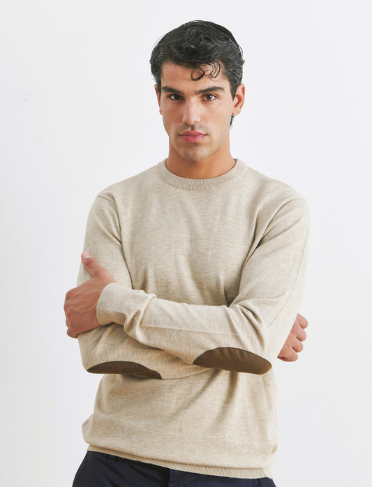 MAGLIA GIROCOLLO PREMIUM CON TOPPE GOMITO - Beige melange