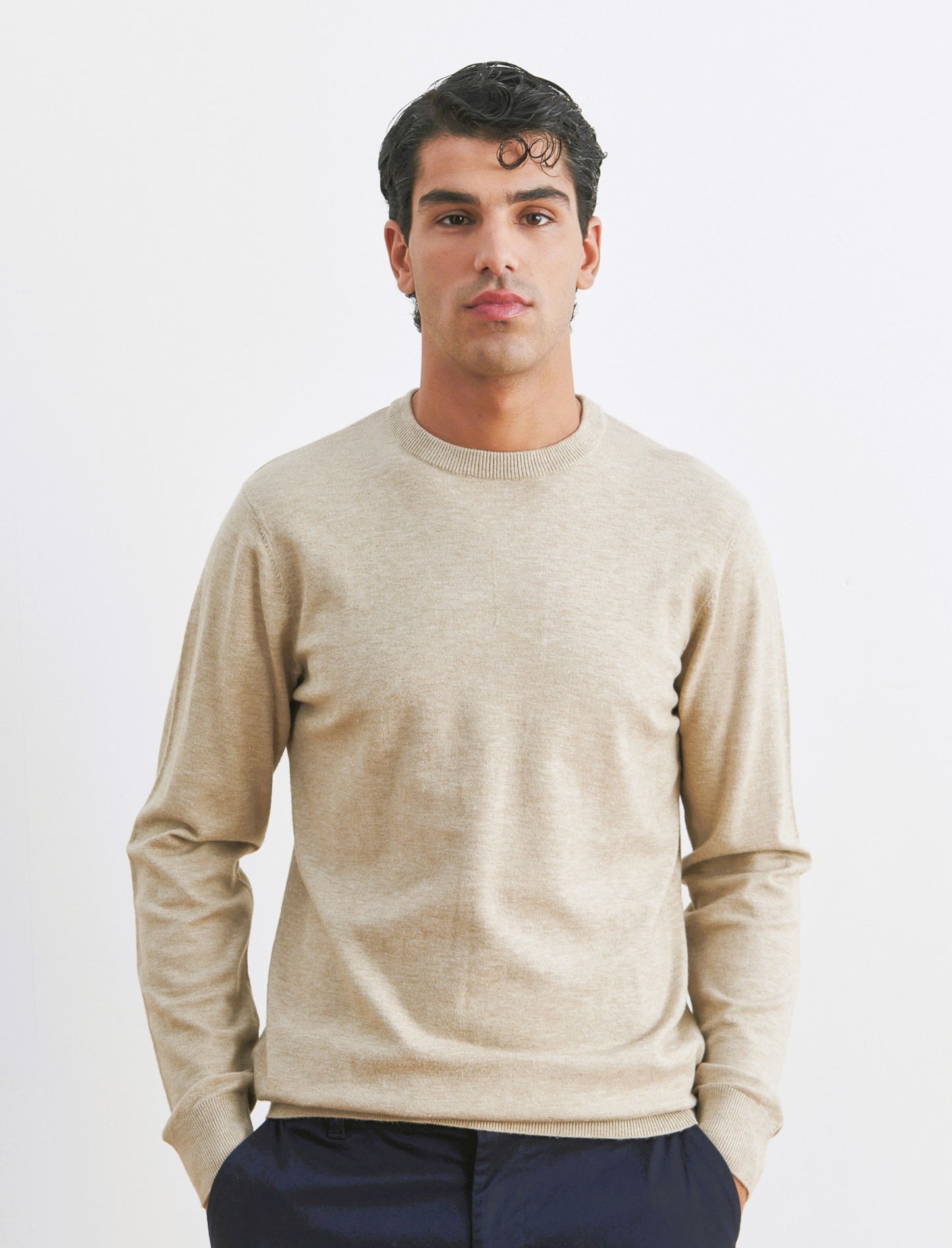 MAGLIA GIROCOLLO PREMIUM CON TOPPE GOMITO - Beige melange