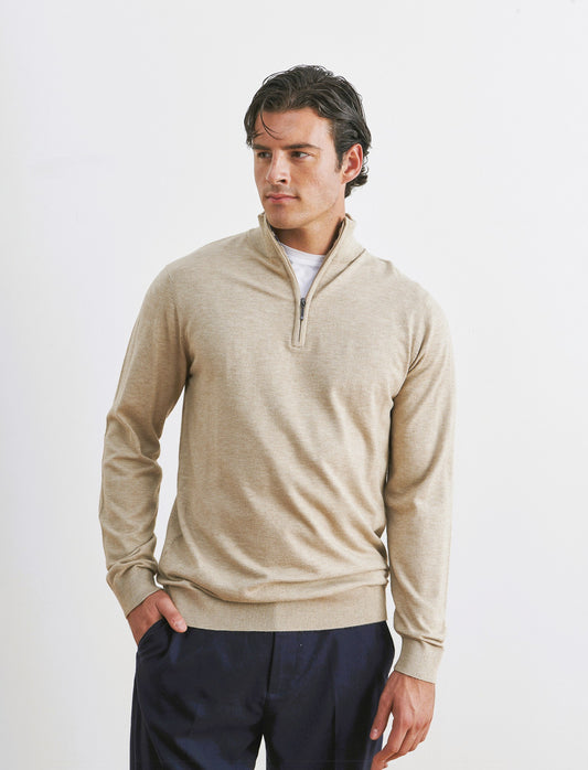 MAGLIA COLLO ALTO CON ZIP - Beige melange