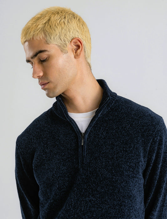 MAGLIA IN CINIGLIA COLLO ALTO CON CERNIERA. - Blu