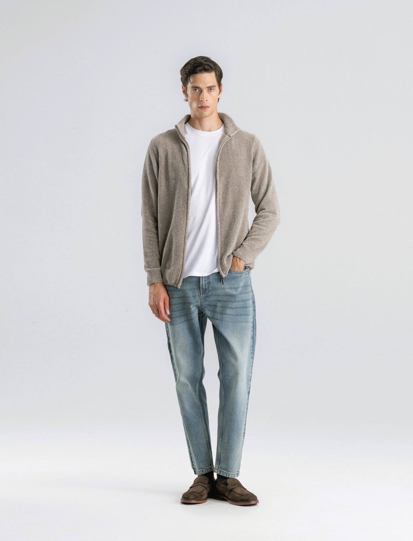 CARDIGAN IN CINIGLIA COLLO ALTO CON CERNIERA. - Beige