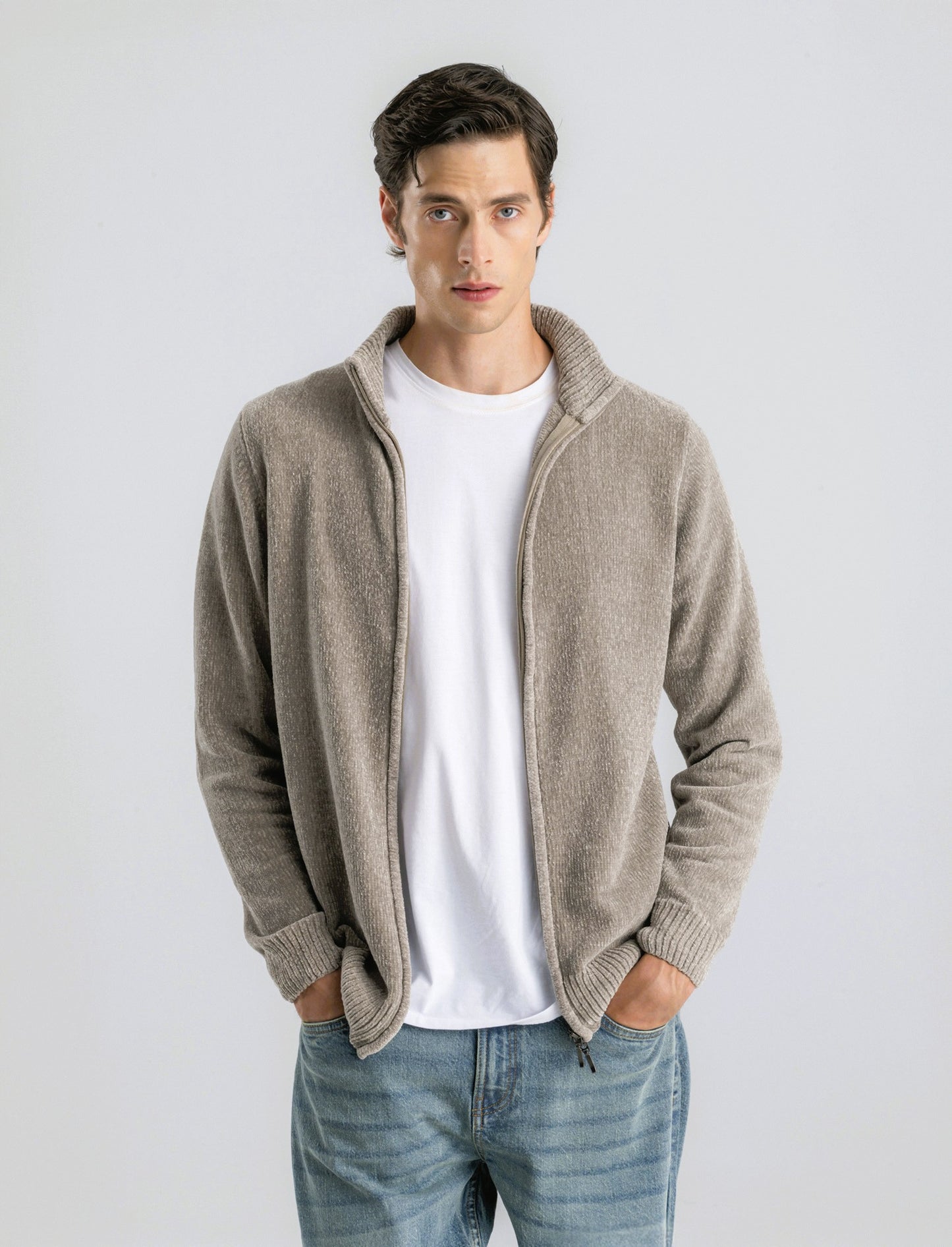 CARDIGAN IN CINIGLIA COLLO ALTO CON CERNIERA. - Beige