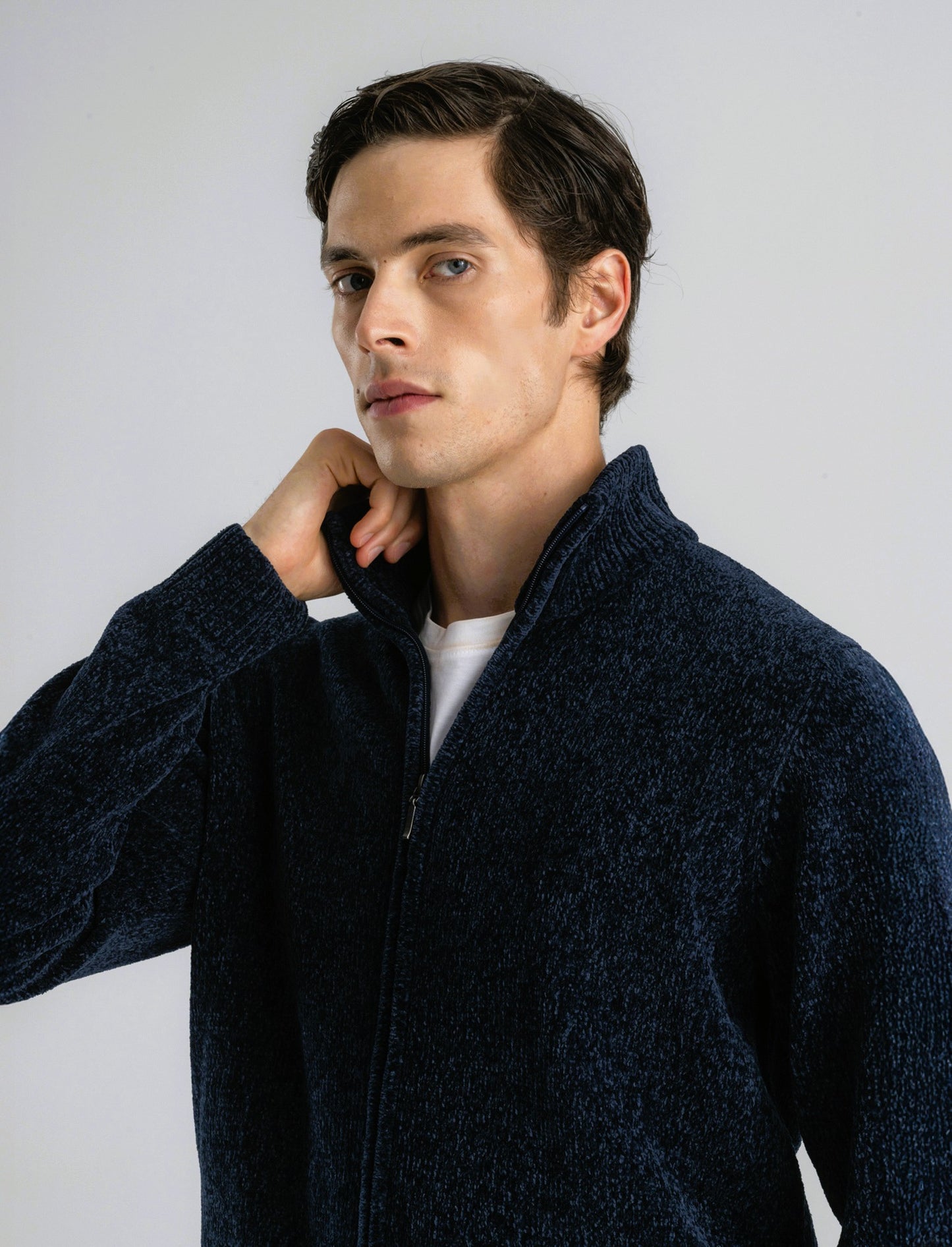 CARDIGAN IN CINIGLIA COLLO ALTO CON CERNIERA. - Blu