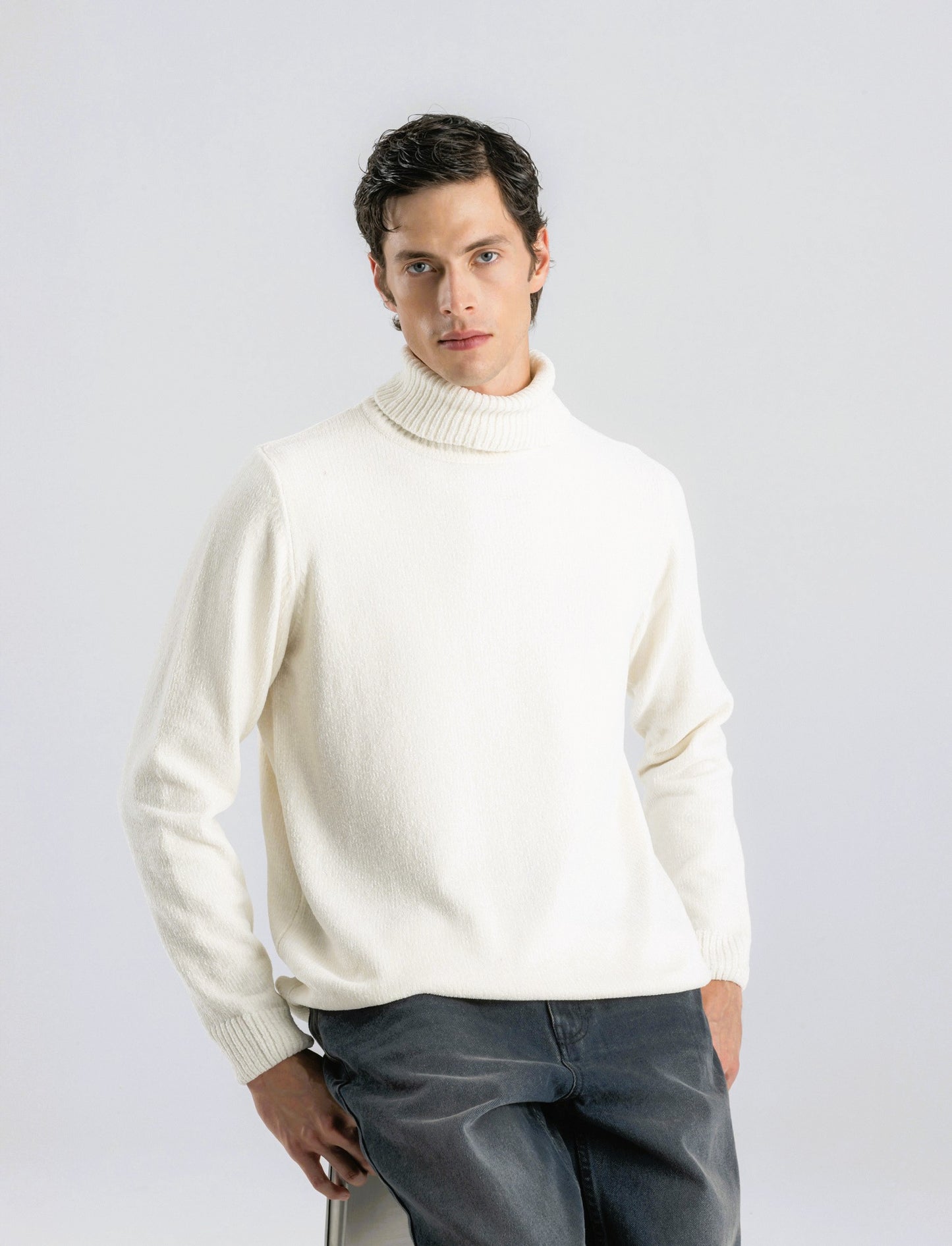 MAGLIA COLLO ALTO IN CINIGLIA - Beige ecru