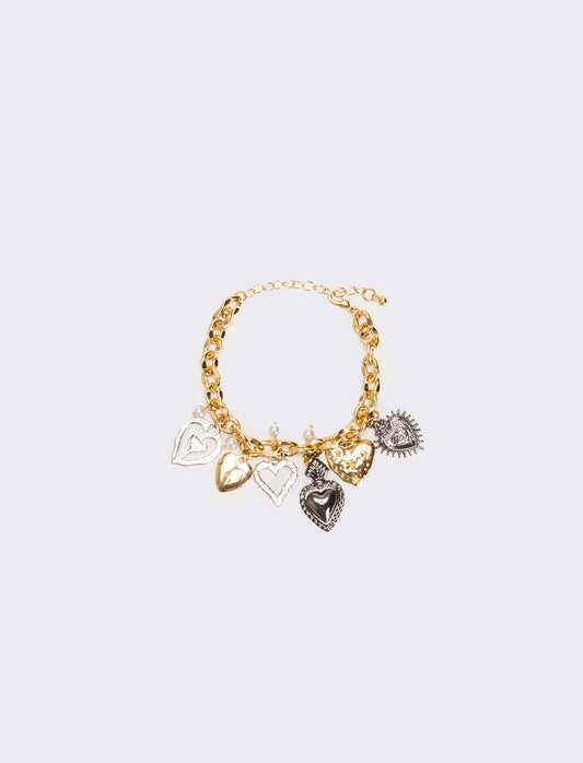 Bracciale con cuoricini strass e perline - Multicolore