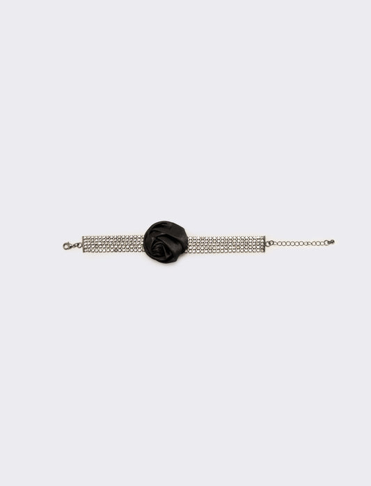 Bracciale strass e rosa in tessuto - Nero