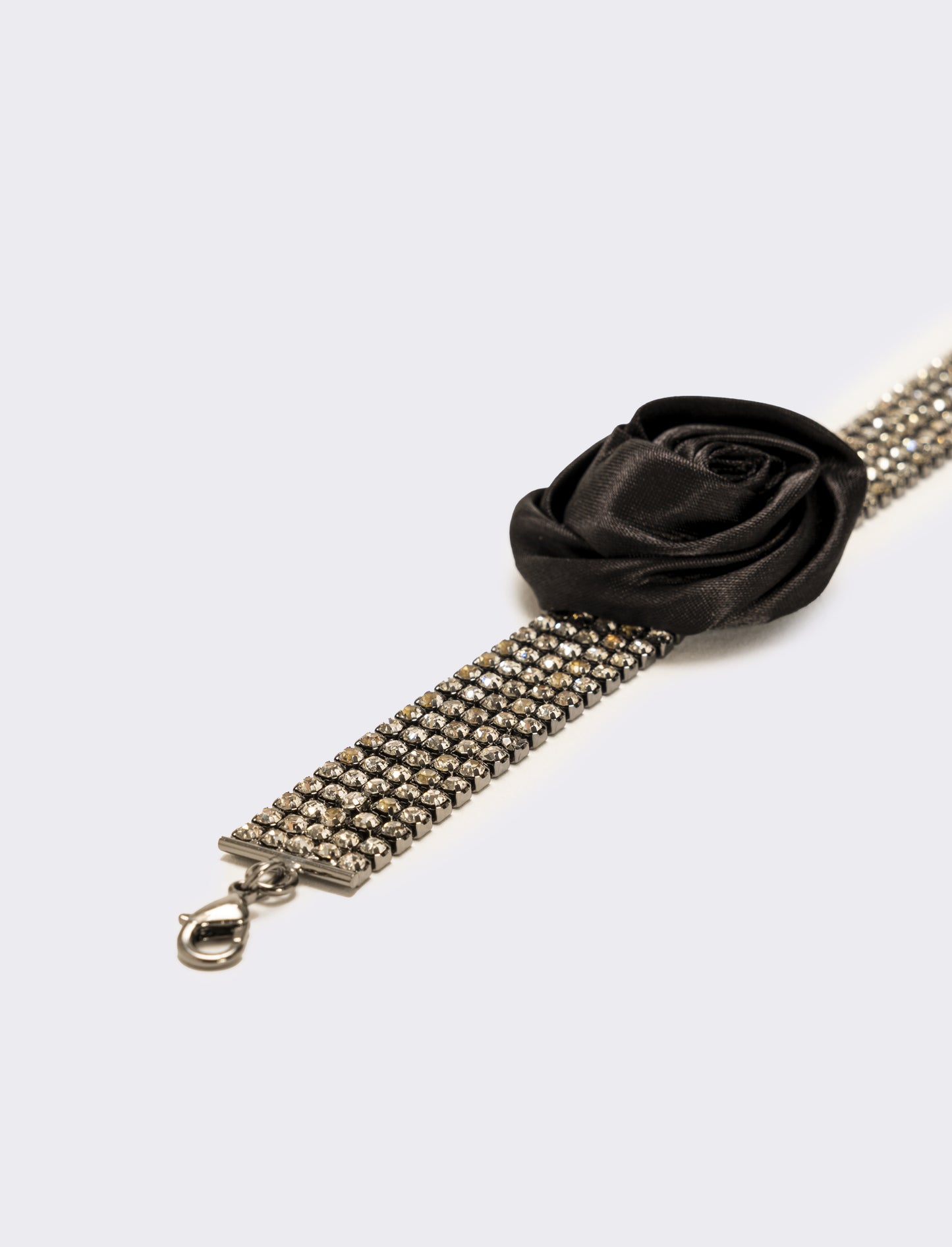 Bracciale strass e rosa in tessuto - Nero