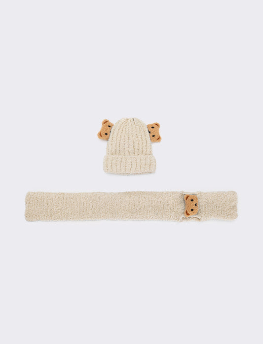 Set neonato cappello, sciarpa e cravatta con orsetto - Beige