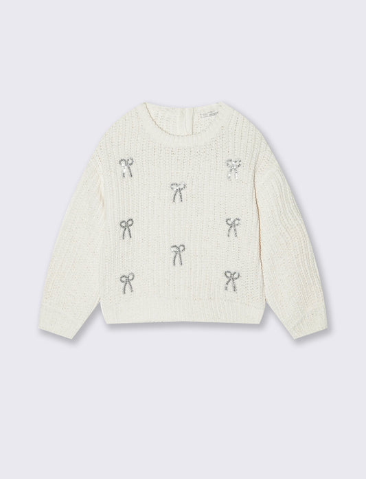 Maglia girocollo morbida con applicazioni - Bianco latte