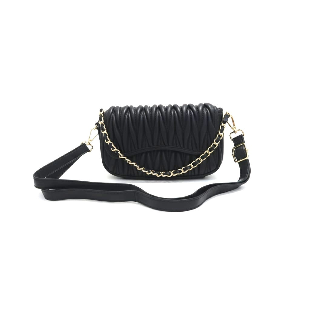 Embossed Shoulder Bag with Chain and Flap - Black
